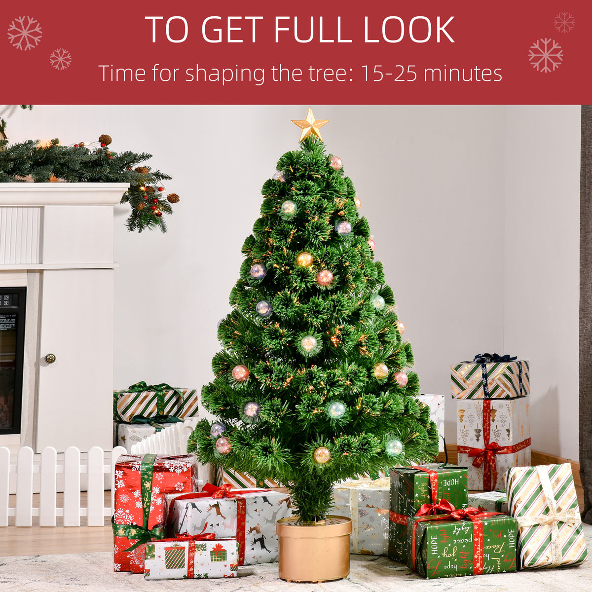 3ft Pre-Lit Fibre Optic Christmas Tree with Baubles, Star & Gold Pot