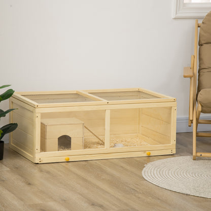 Wooden Hamster Cage w/ Sliding Tray, Openable Top, Hut, Natural Wood