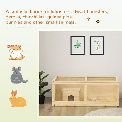 Wooden Hamster Cage w/ Sliding Tray, Openable Top, Hut, Natural Wood
