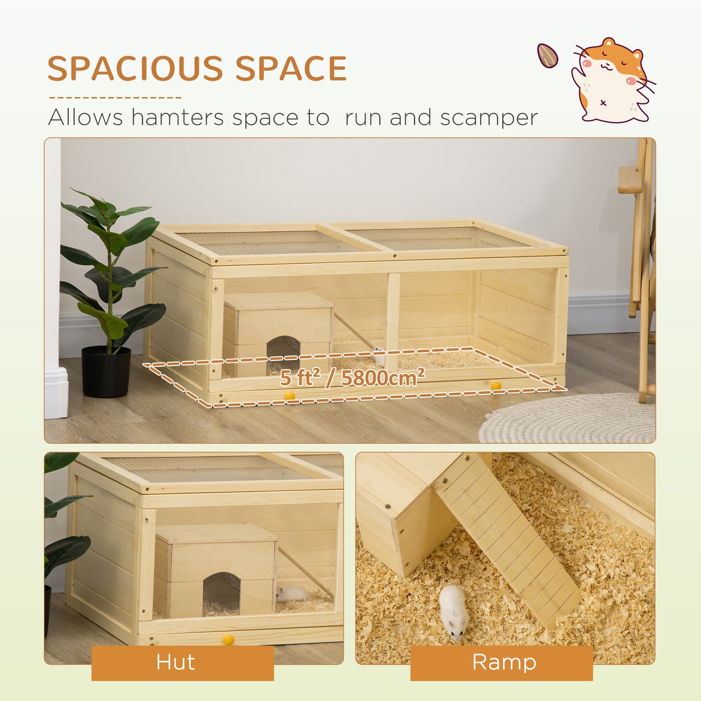 Wooden Hamster Cage w/ Sliding Tray, Openable Top, Hut, Natural Wood