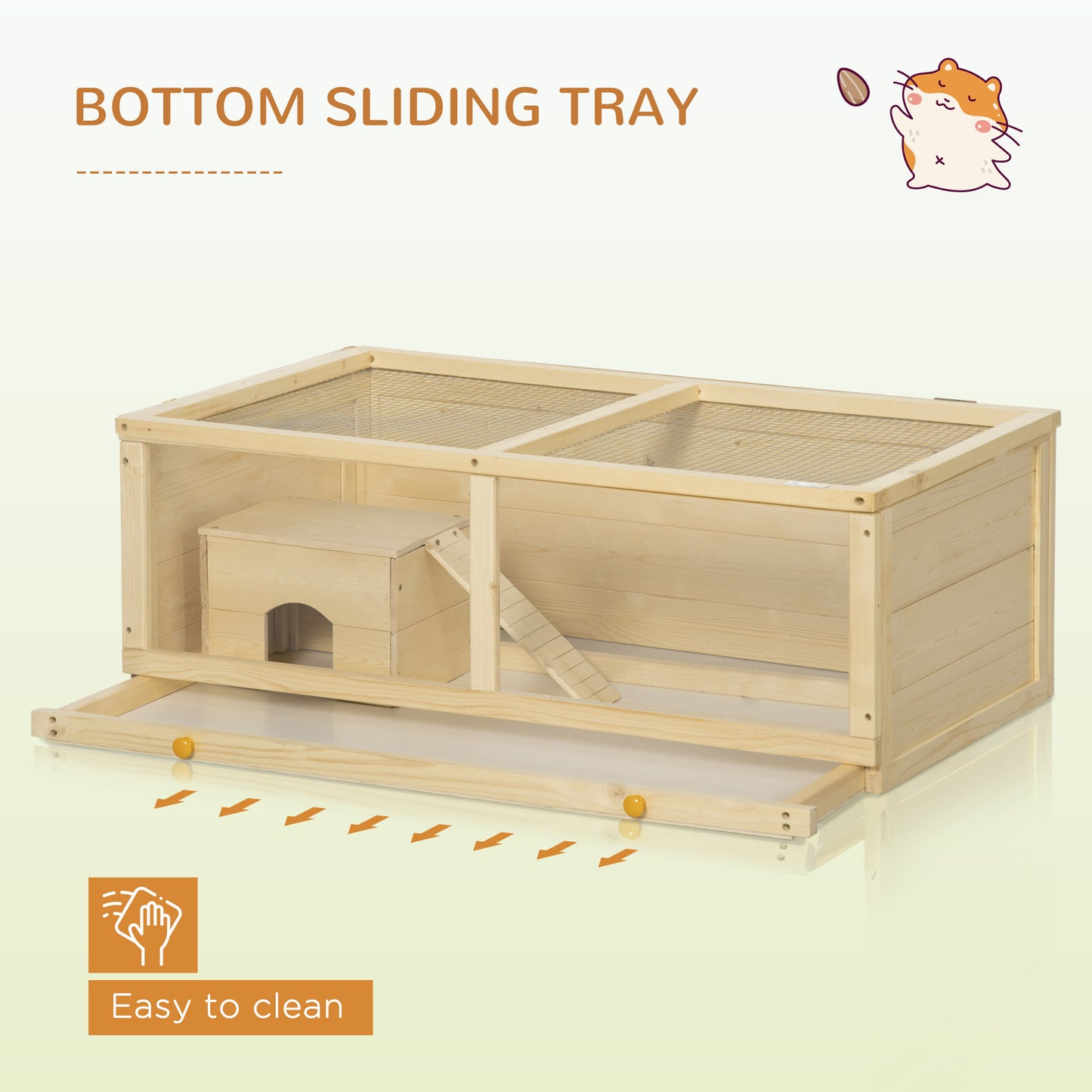 Wooden Hamster Cage w/ Sliding Tray, Openable Top, Hut, Natural Wood