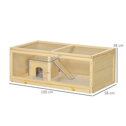 Wooden Hamster Cage w/ Sliding Tray, Openable Top, Hut, Natural Wood