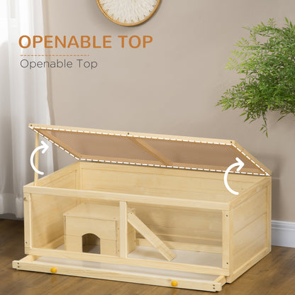 Wooden Hamster Cage w/ Sliding Tray, Openable Top, Hut, Natural Wood
