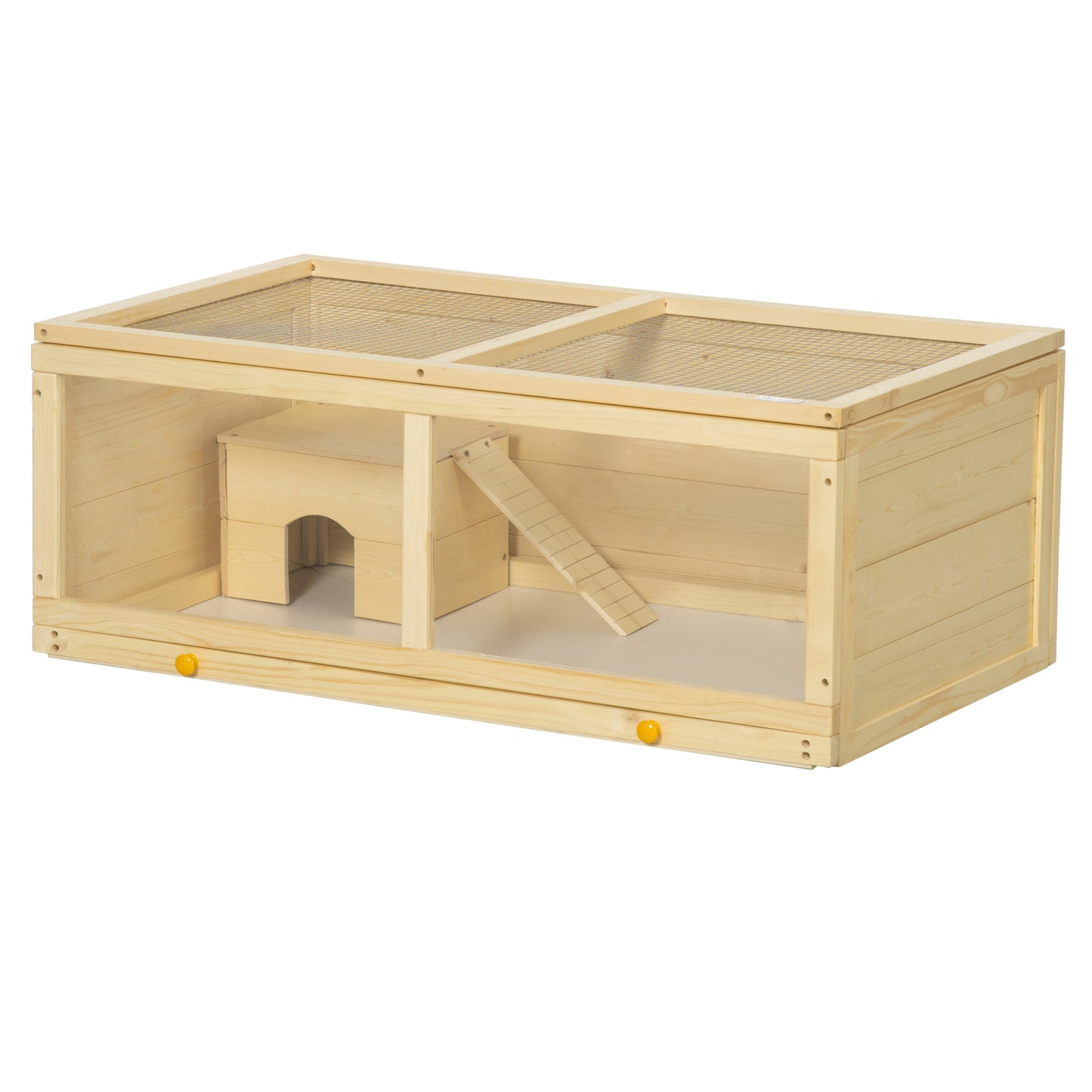 Wooden Hamster Cage w/ Sliding Tray, Openable Top, Hut, Natural Wood