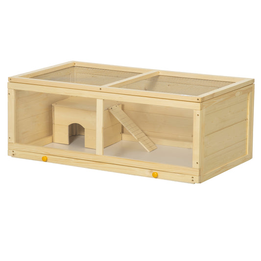 Wooden Hamster Cage w/ Sliding Tray, Openable Top, Hut, Natural Wood