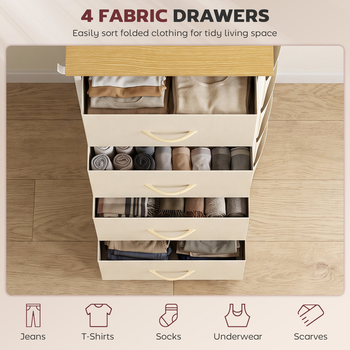 Fabric Chest of Drawers, 4 Drawer Dresser for Bedroom, Beige
