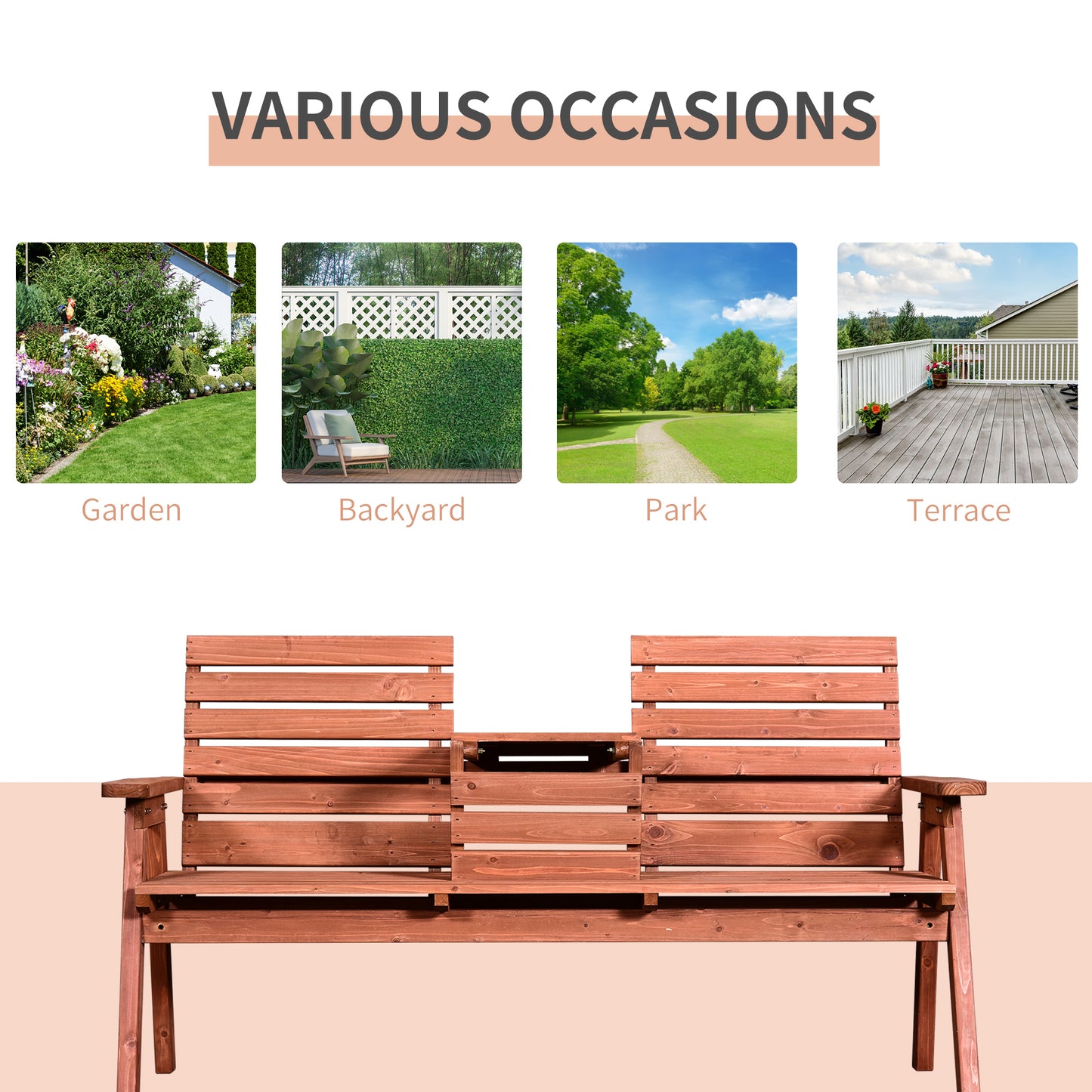 Convertable 3-Seater Wood Bench Table Garden w/ Armrests Orange