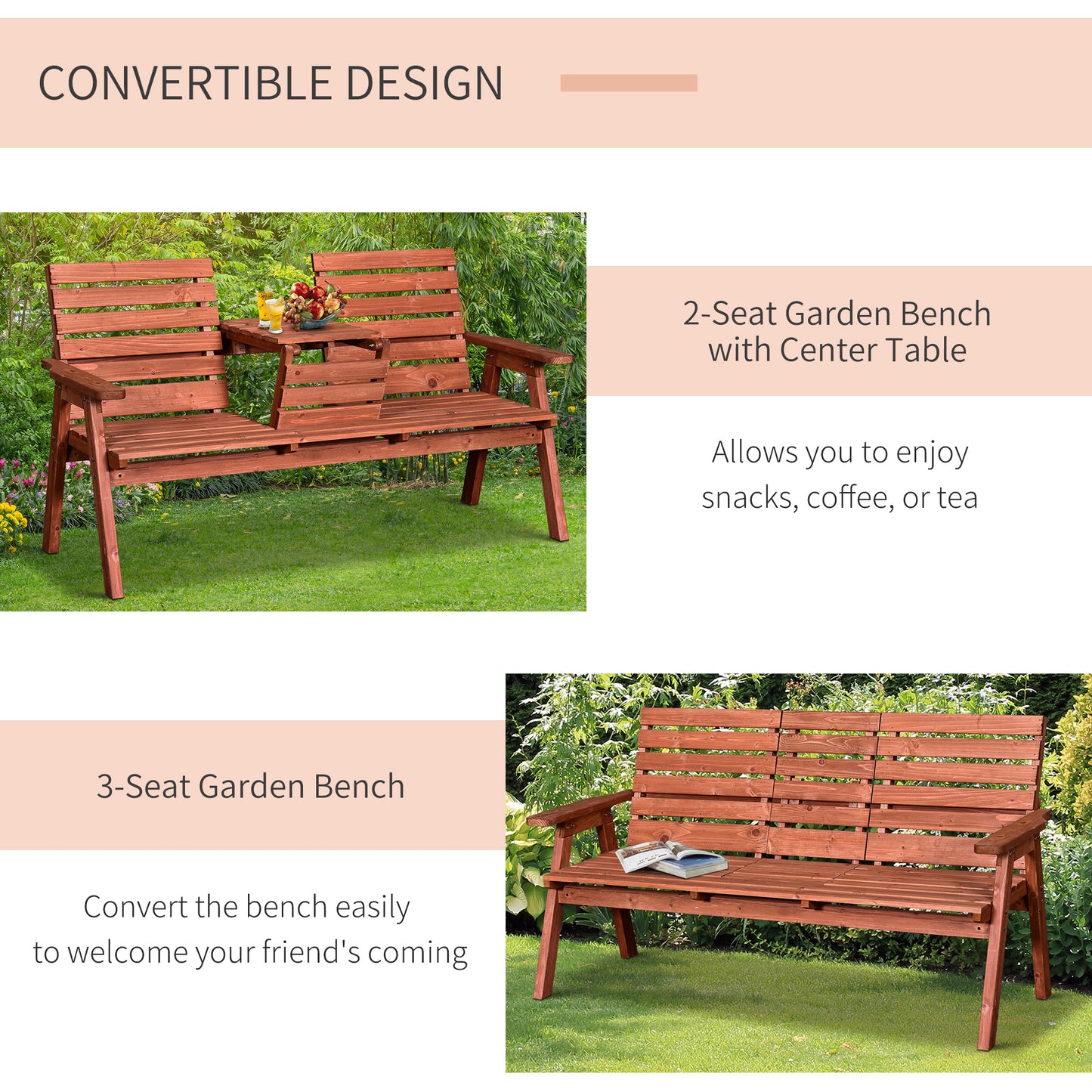 Convertable 3-Seater Wood Bench Table Garden w/ Armrests Orange