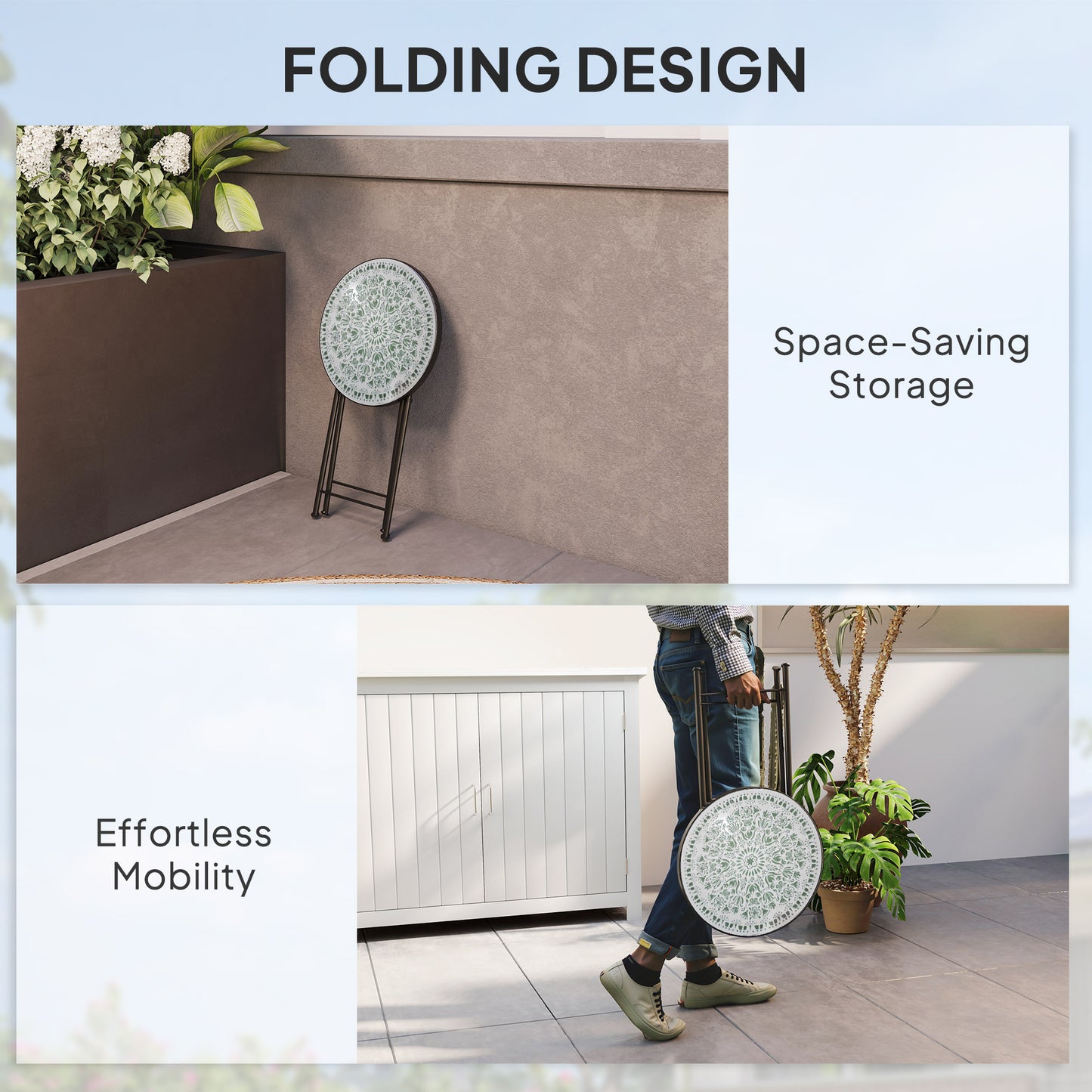 Mosaic Garden Table, 35.5cm Folding Coffee Table, Green