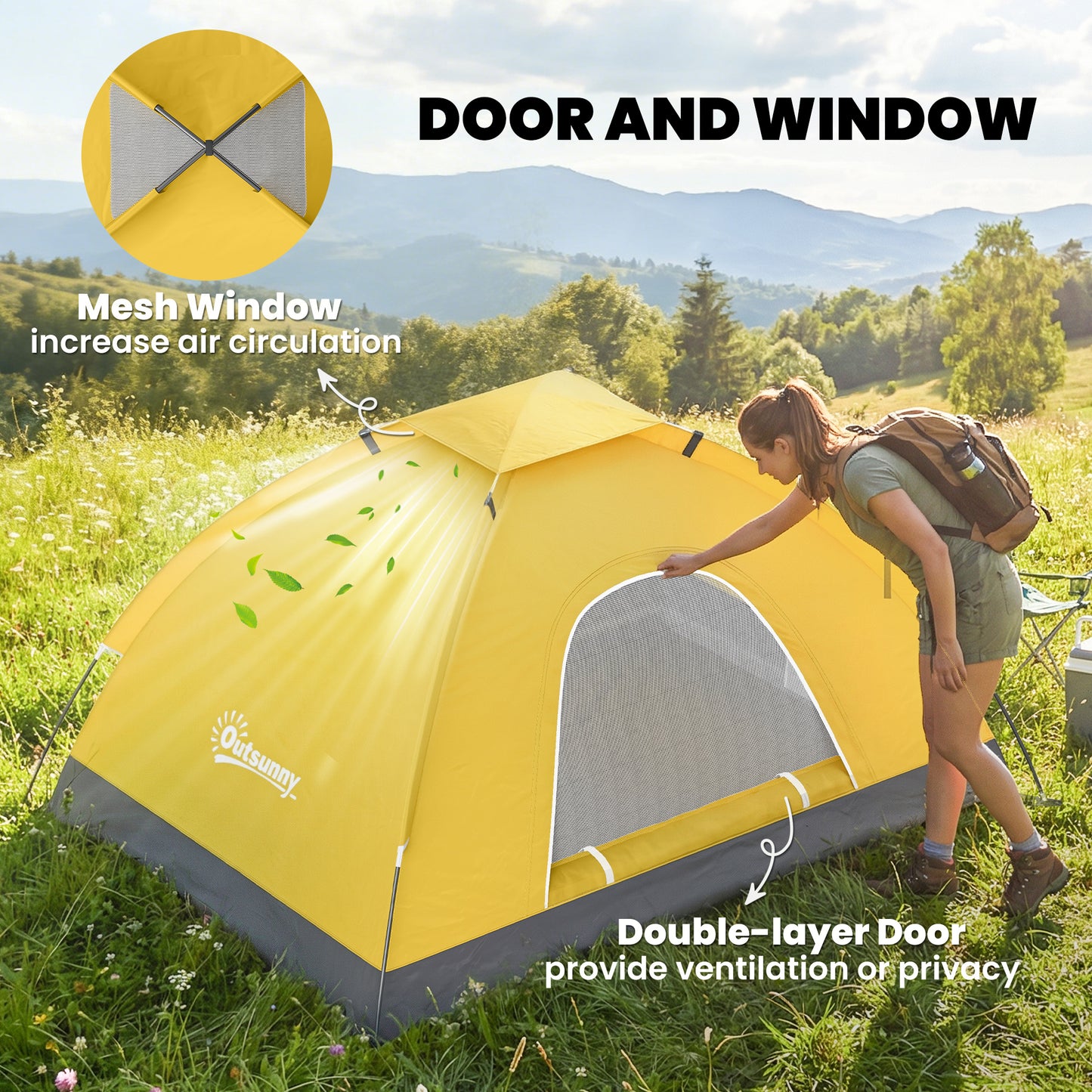 2 Person Camping Tent, Dome Tent with Storage Pocket, Yellow