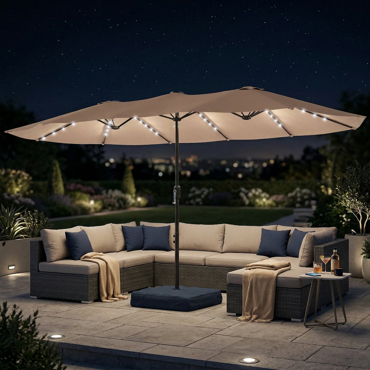 Double Sided Garden Parasol w/ 60 Solar LED Lights 4.5m, Khaki