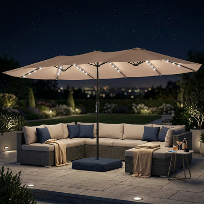 Double Sided Garden Parasol w/ 60 Solar LED Lights 4.5m, Khaki