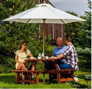 Garden Dining Set, 8 Seater Patio Furniture Set with Round Picnic Table, Parasol Hole for Outdoor Garden, Tan