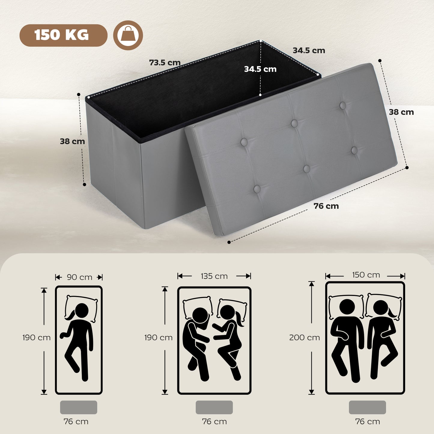 Storage Ottoman Bench, 89L PU Leather Folding Foot Rest, Grey