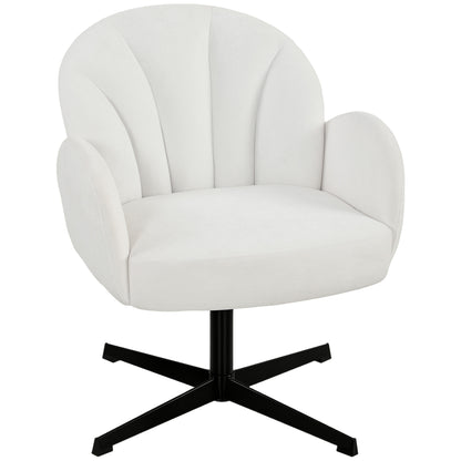 Swivel Accent Chair, Velvet-Feel Fabric Shell-Shaped Armchair with Spring Cushion, Metal Base, Modern Reading Chair for Living Room, Bedroom, Study, Makeup, Cream White