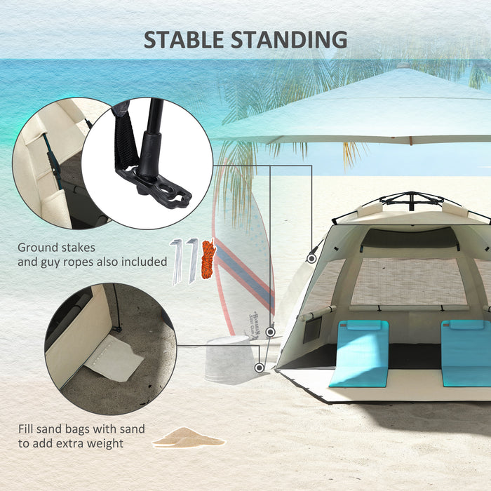 2-3 Person Pop Up Beach Tent, UPF15+ Sun Shelter with Extended Floor, Sandbags, Mesh Windows and Carry Bag, Khaki