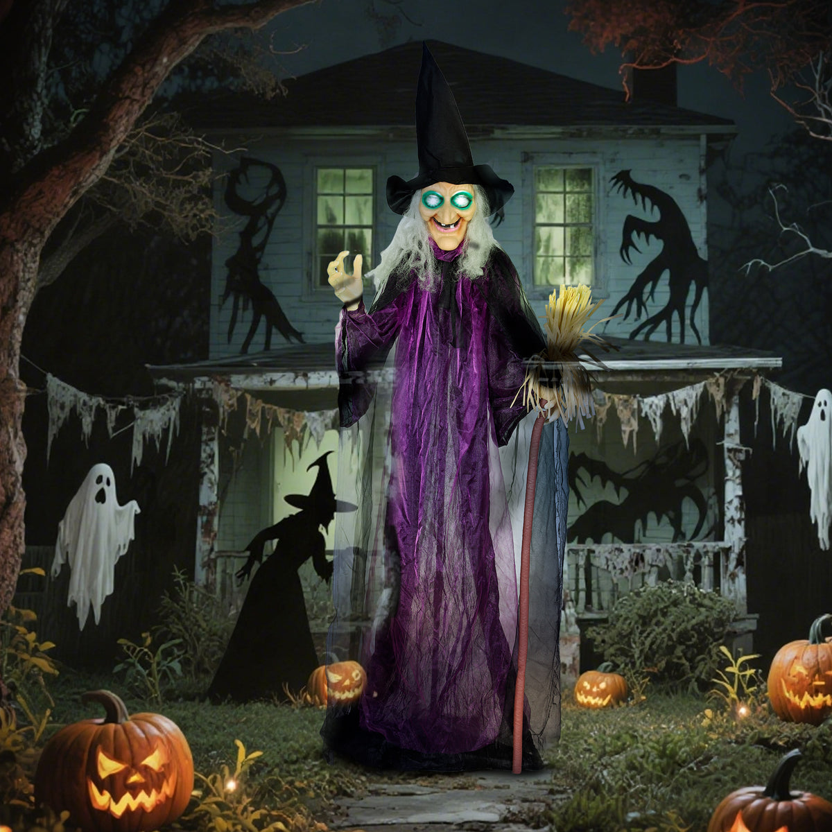 Voice Activated Halloween Animatronics Standing Witch, Purple