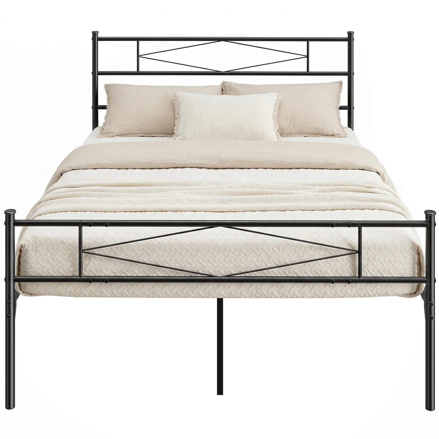 4ft6 Double Bed Frame with Headboard and Footboard, Metal Platform Bed Frame with 32 cm Underbed Storage, Steel Slat Support, Noise-Free, No Box Spring Needed, Easy Assembly, Black
