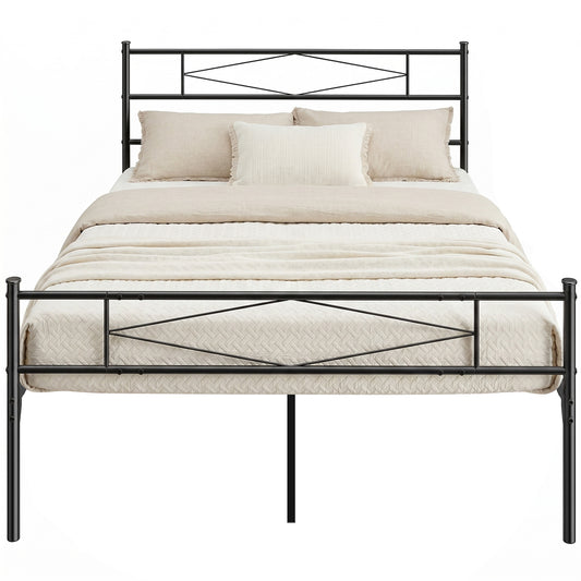 4ft6 Double Bed Frame with Headboard and Footboard, Metal Platform Bed Frame with 32 cm Underbed Storage, Steel Slat Support, Noise-Free, No Box Spring Needed, Easy Assembly, Black