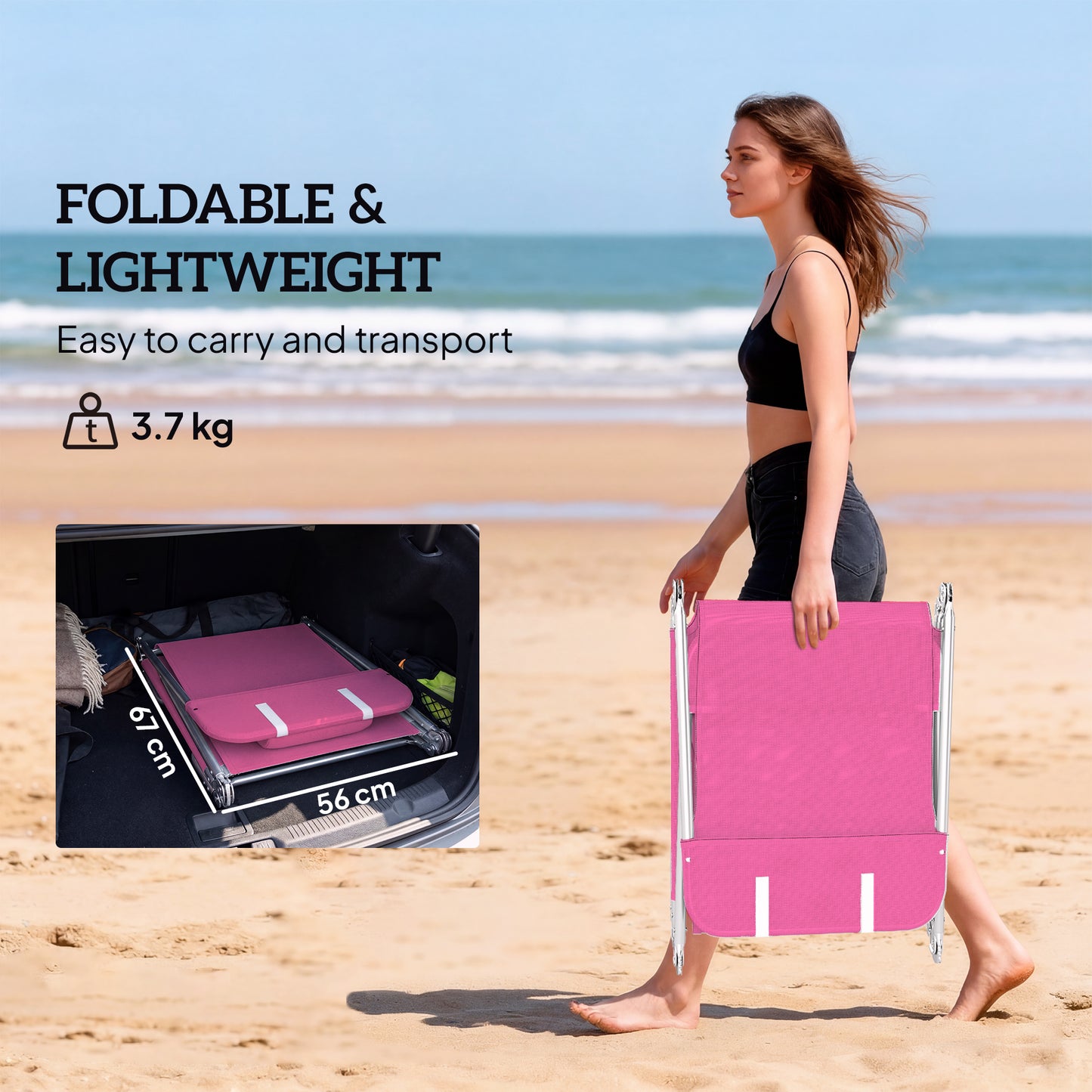 Adjustable Sun Bed Garden Lounger Recliner Relaxing Camping Pink