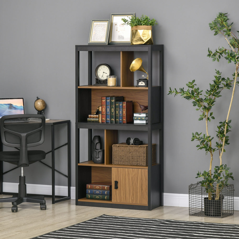 Modern 4-Tier Bookshelf, Freestanding Bookcase with Storage Shelving and Closed Cabinet, for Living Room Home Office Study, Walnut Brown