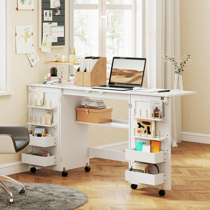 Folding Sewing Table with 2 Magnetic Doors, Rolling Craft Table with 4 Bins, 20 Pegs, Storage Shelf, Lockable Wheels, Space Saving Drop Leaf Sewing Machine Table for Small Spaces, White