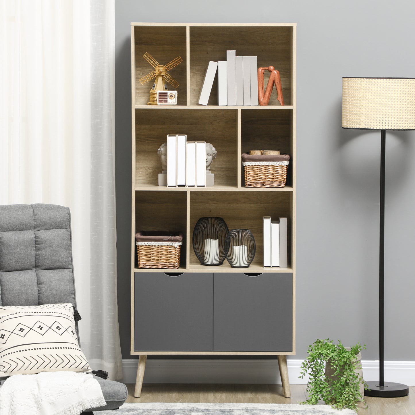 Modern Bookcase with Bottom Cabinet and 6 Open Shelves, Freestanding Bookshelf for Study Living Room Home Office, Natural and Grey