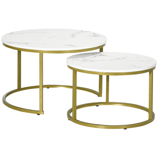 Coffee Table Set of 2, Round Nest of Tables with Faux Marble Tabletop and Metal Frame, Modern Side Tables for Living Room, White