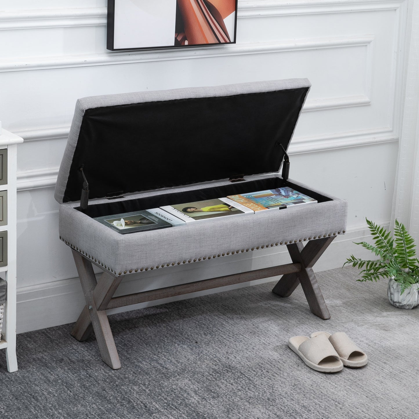 91cm Elegant Storage Stool Bentwood Frame Sponge Top w/ Studding Grey