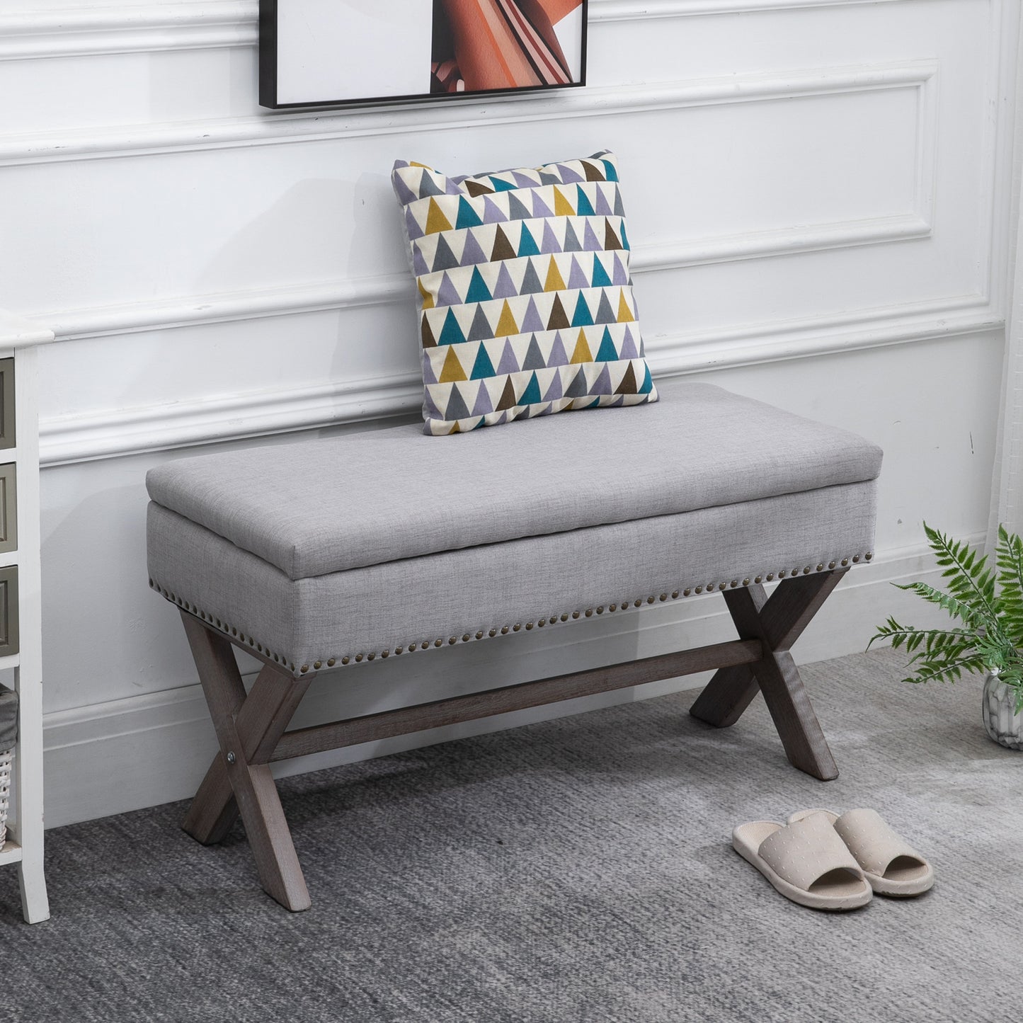 91cm Elegant Storage Stool Bentwood Frame Sponge Top w/ Studding Grey