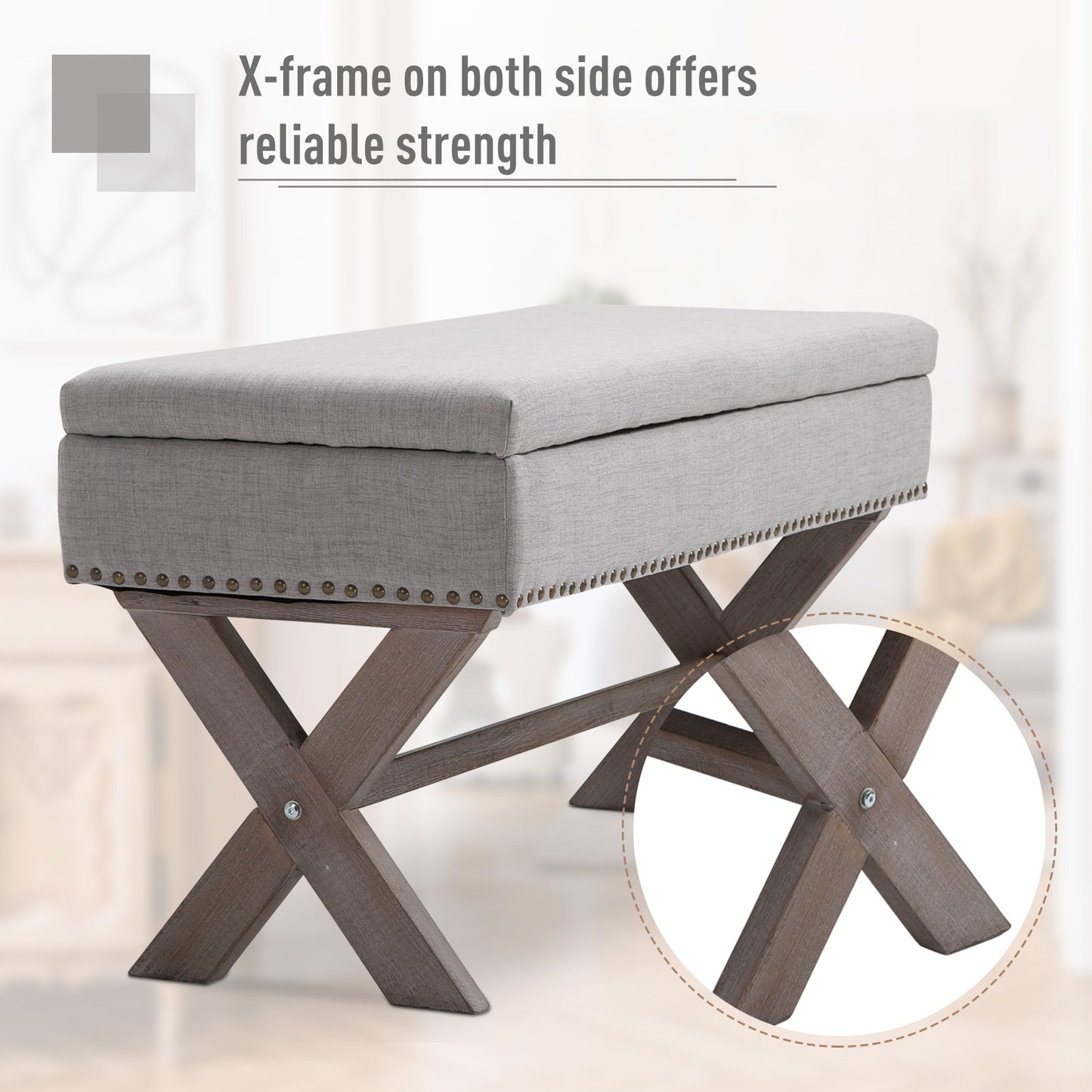 91cm Elegant Storage Stool Bentwood Frame Sponge Top w/ Studding Grey