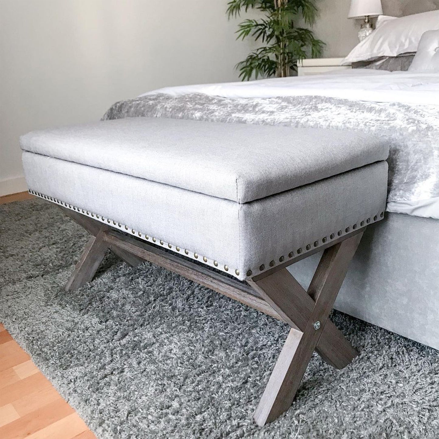 91cm Elegant Storage Stool Bentwood Frame Sponge Top w/ Studding Grey