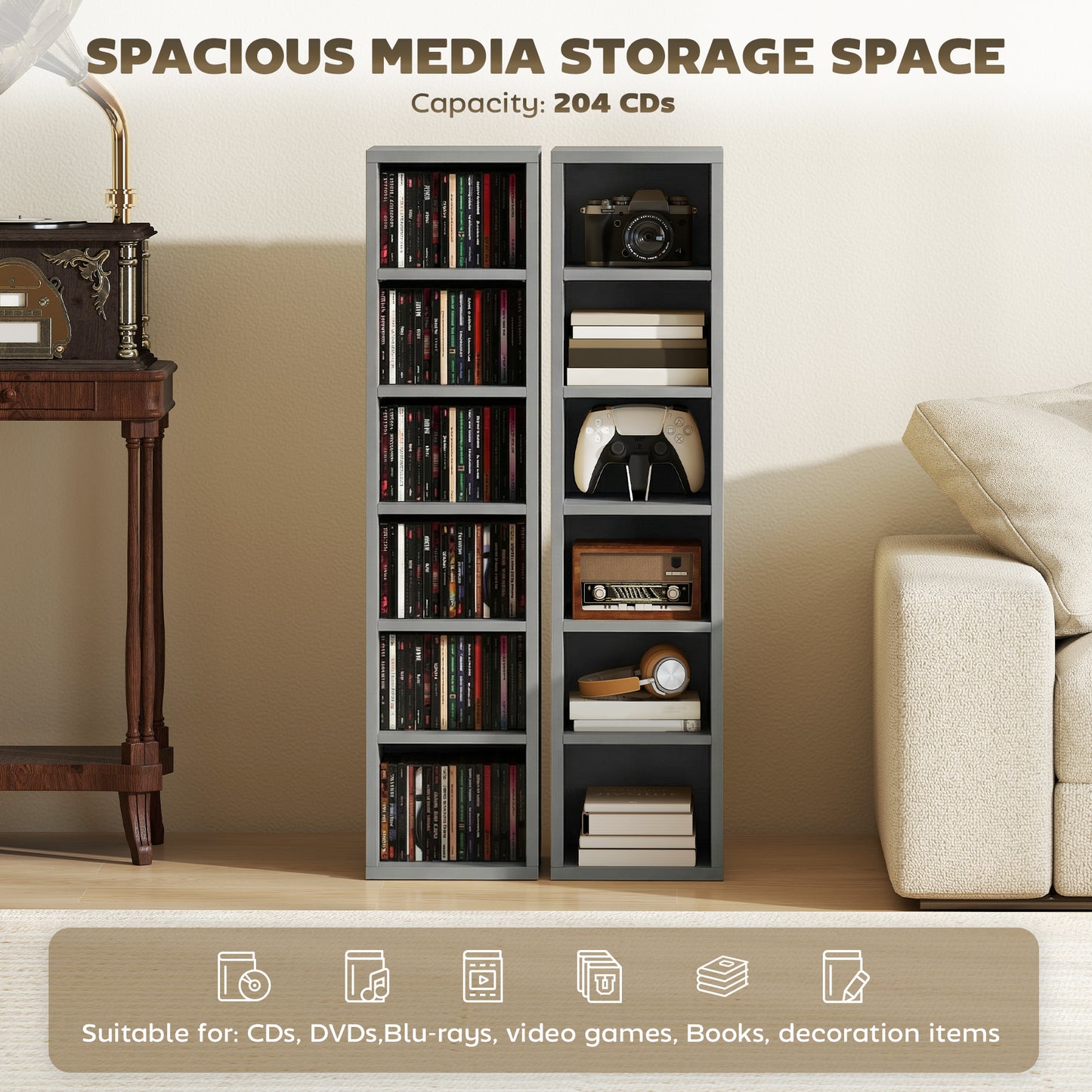 Set of 2 CD Storage Unit DVD Shelf with Adjustable Shelves Light Grey