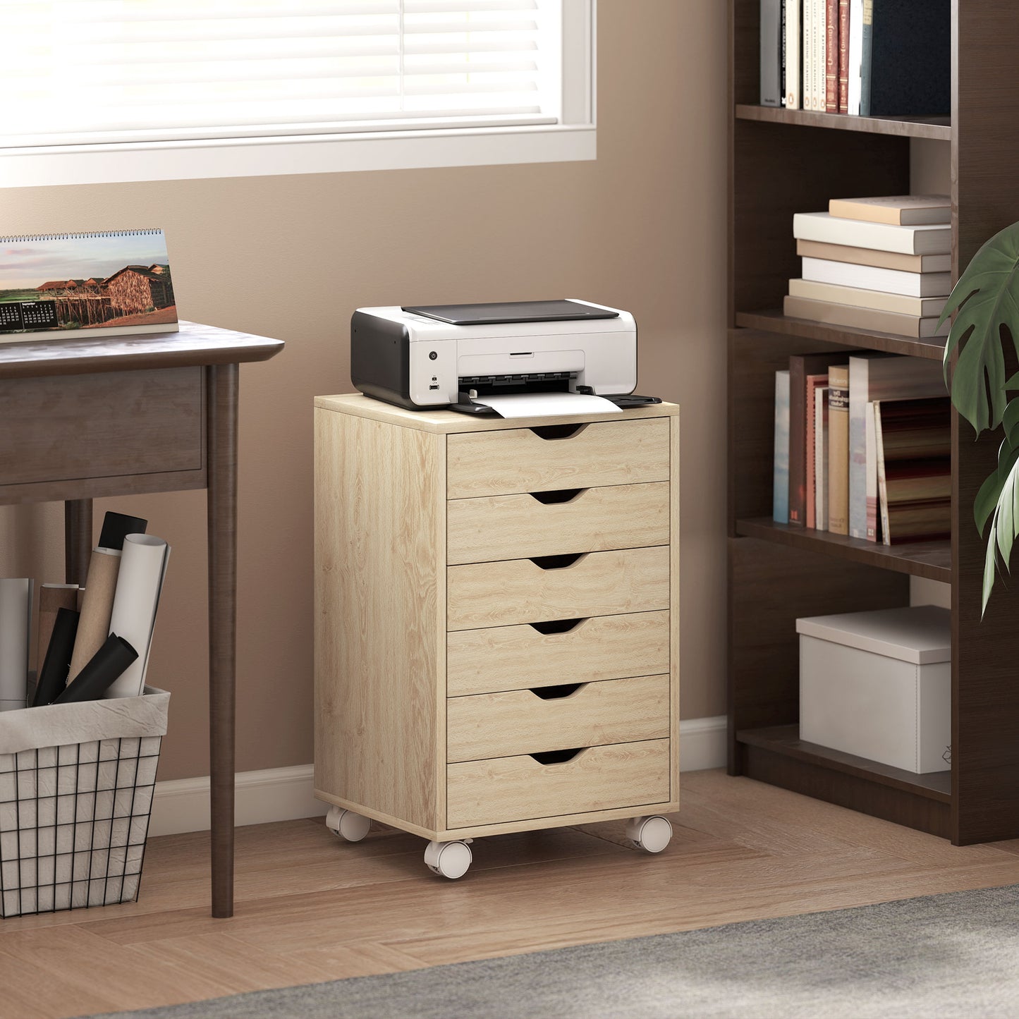 6 Drawer Vertical File Cabinet with Quiet Drawers and Wheels, Oak