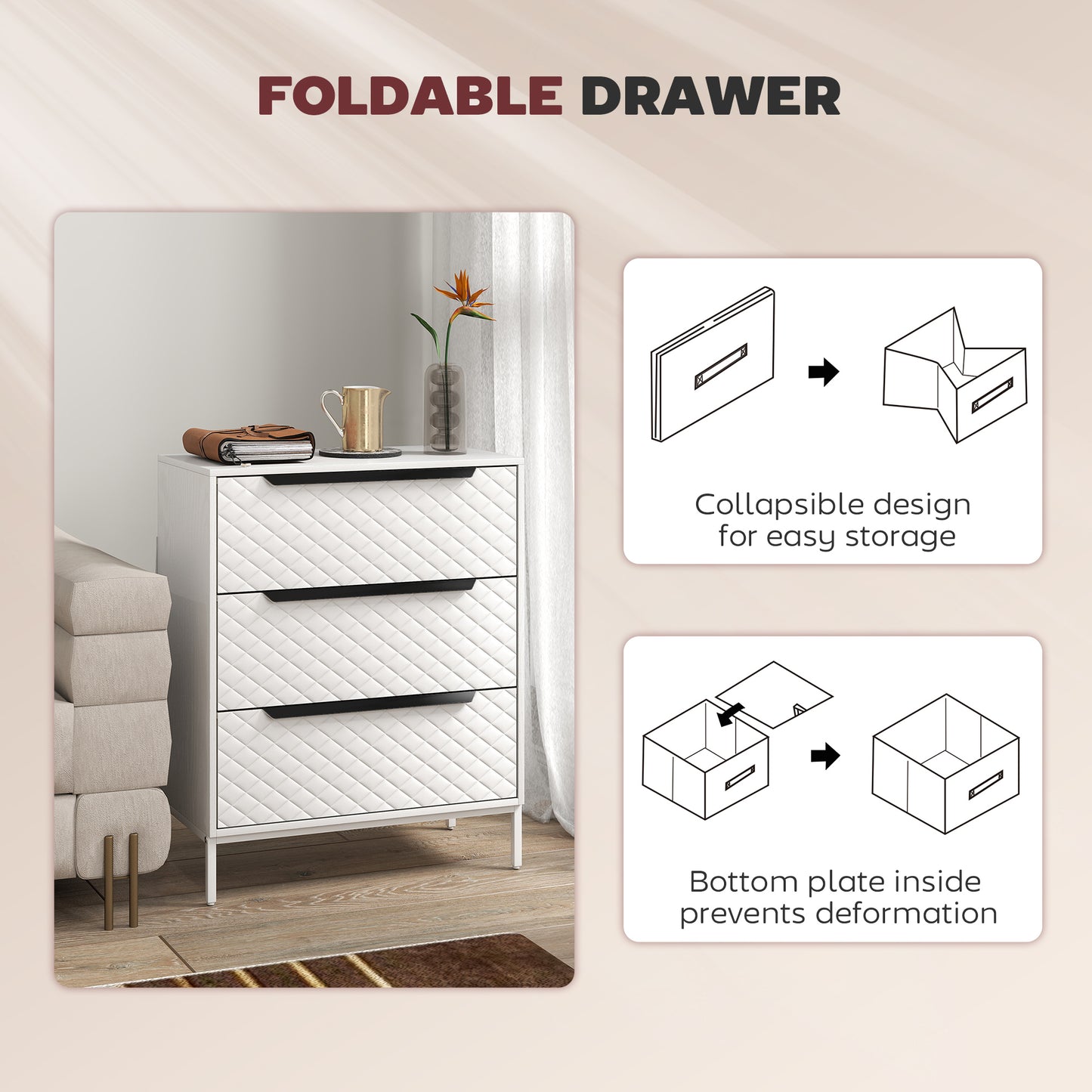 Chest of Drawers, 3 Fabric Drawer Dresser, Aluminium Handles, White