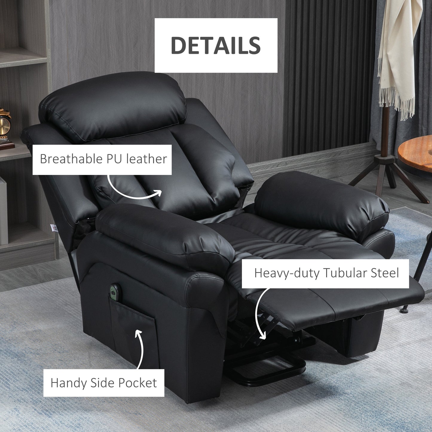 PU Leather Electric Recliner Mobility Lift&Rise Overstuffed Design Black