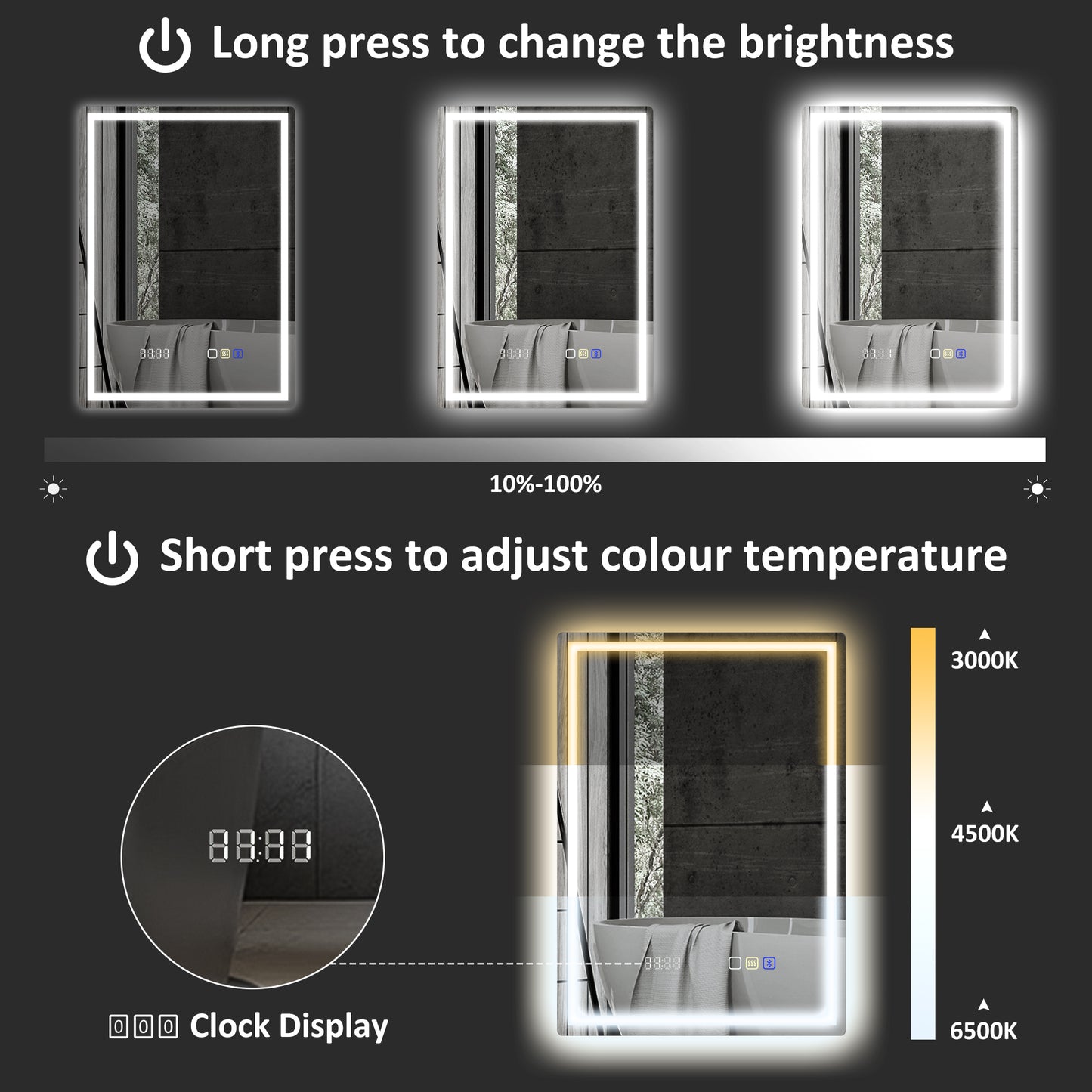 500 x 700 mm Bathroom Mirror with Bluetooth Clock Lights Demister Pad