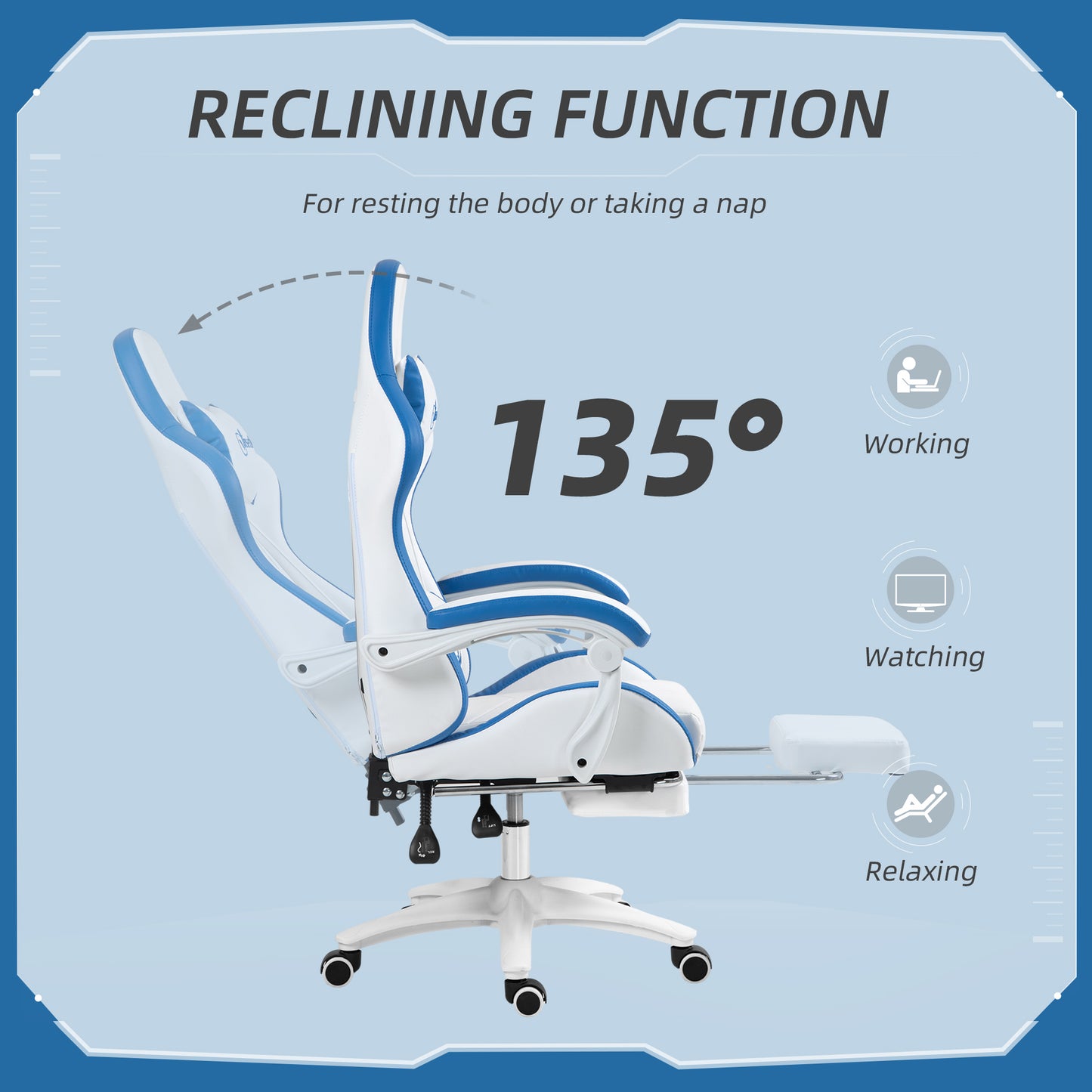 Racing Style Gaming Chair with Reclining Function Footrest, Blue