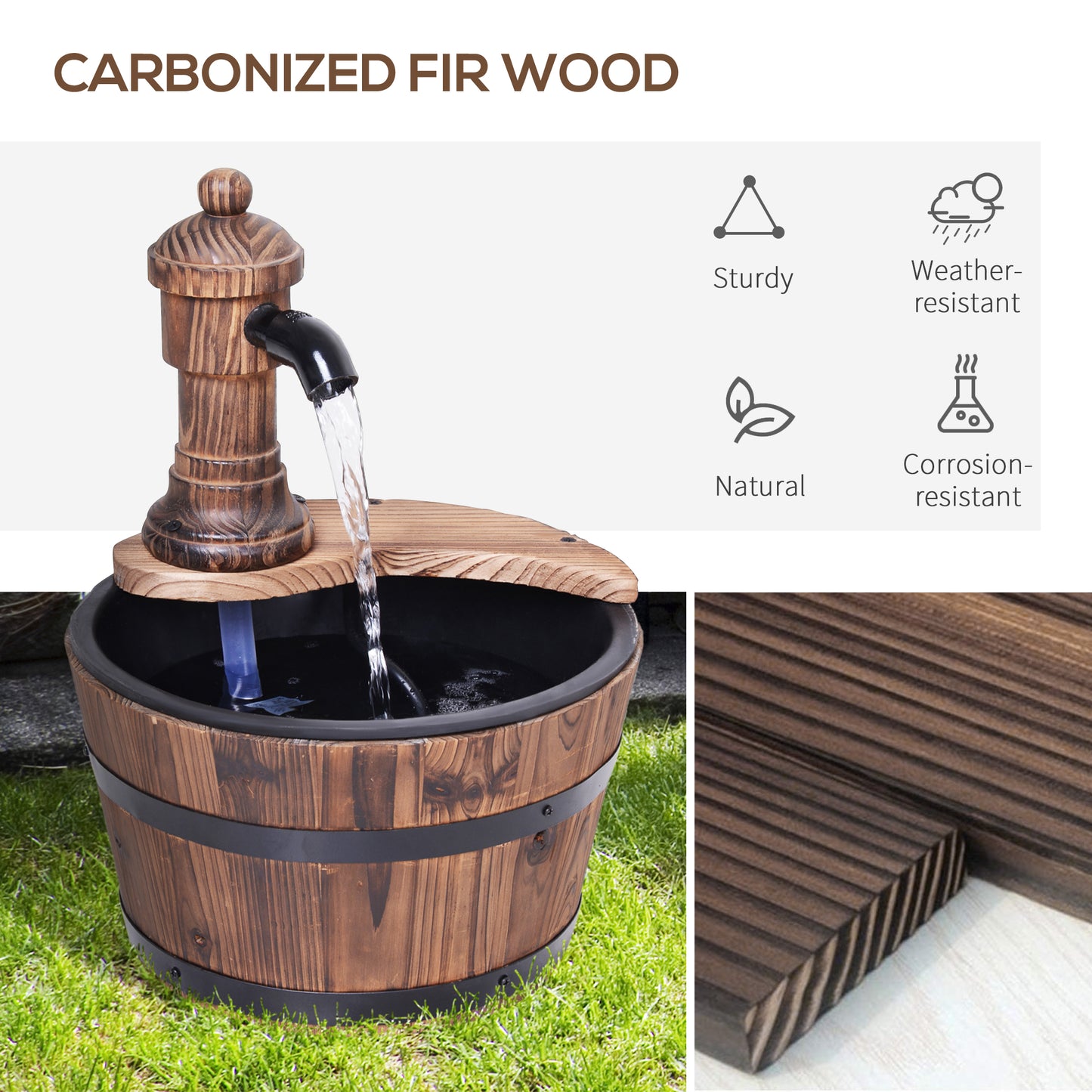 Garden Barrel Water Fountain Patio Wood Electric Water Feature w/ Pump
