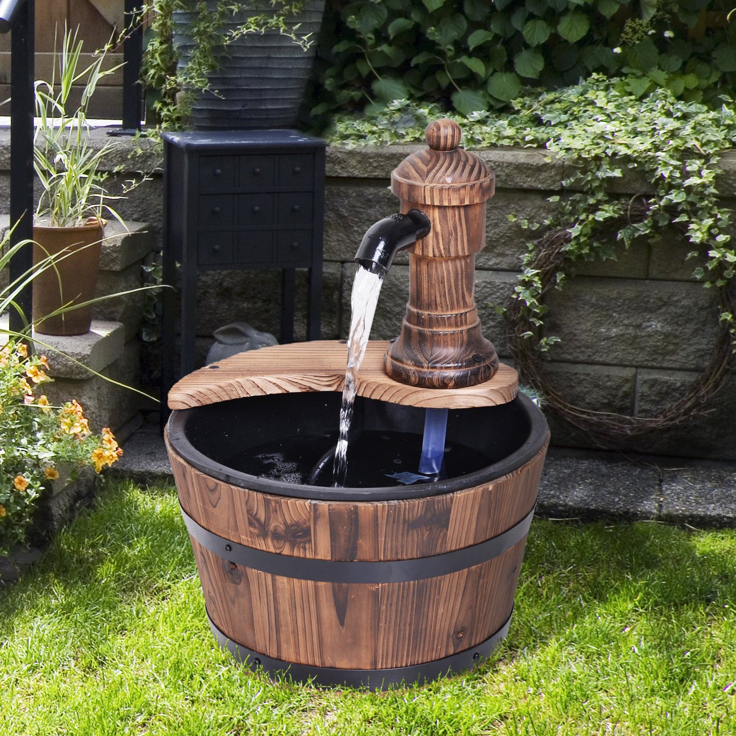 Garden Barrel Water Fountain Patio Wood Electric Water Feature w/ Pump