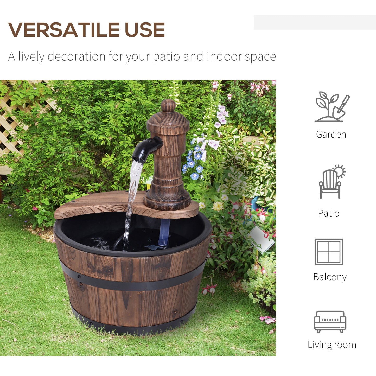 Garden Barrel Water Fountain Patio Wood Electric Water Feature w/ Pump