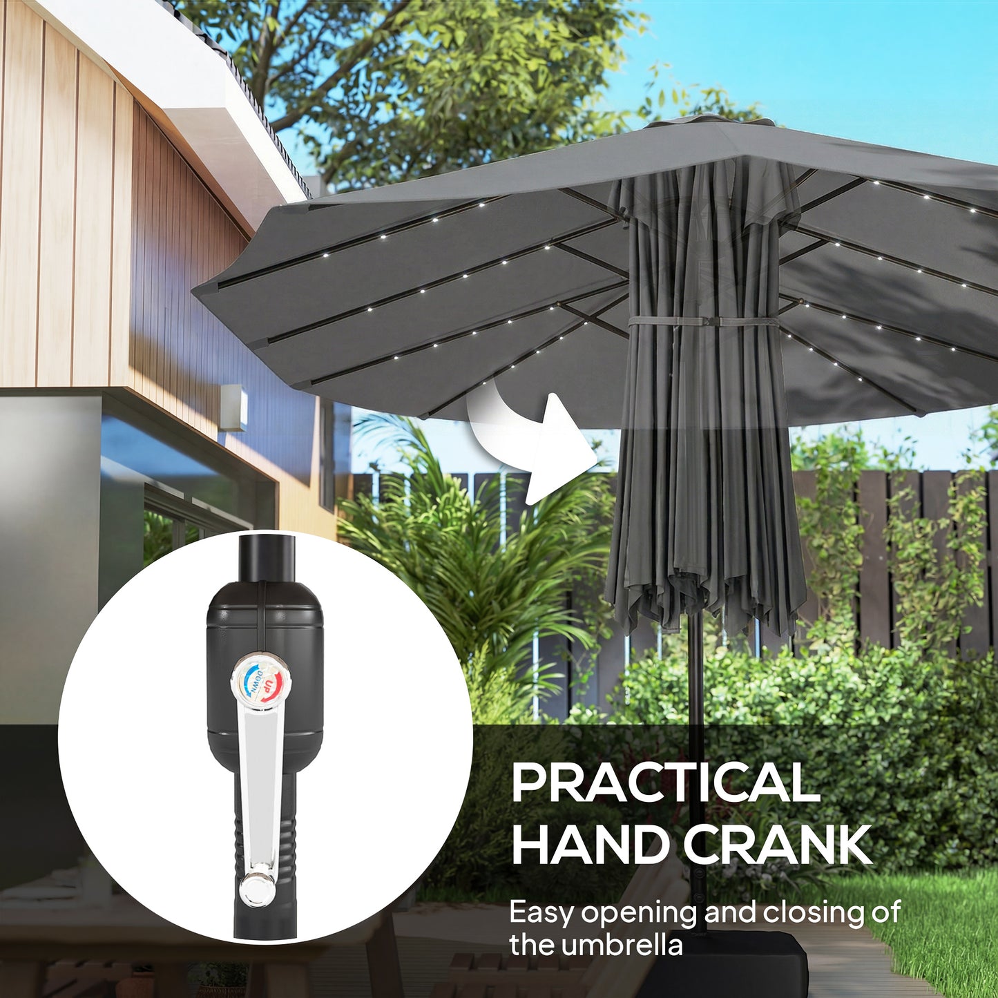 Double Sided Garden Parasol w/ 60 Solar LED Lights 4.5m, Grey