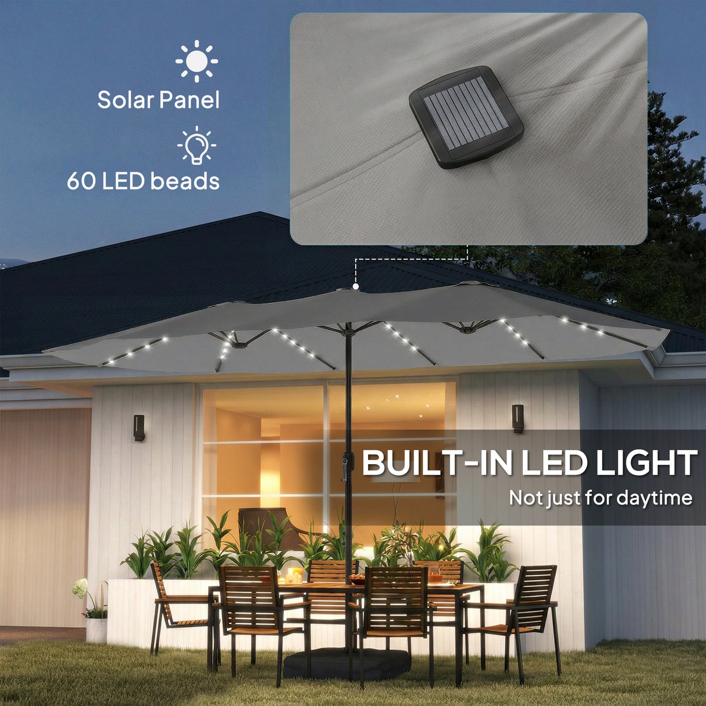 Double Sided Garden Parasol w/ 60 Solar LED Lights 4.5m, Grey