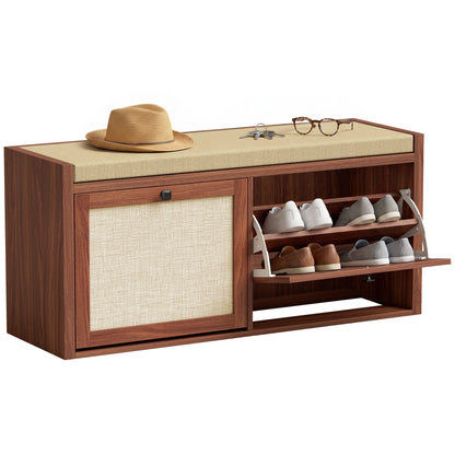Rattan Shoe Bench with Padded Cushion and 2 Cabinets, Brown