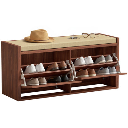 Rattan Shoe Bench with Padded Cushion and 2 Cabinets, Brown