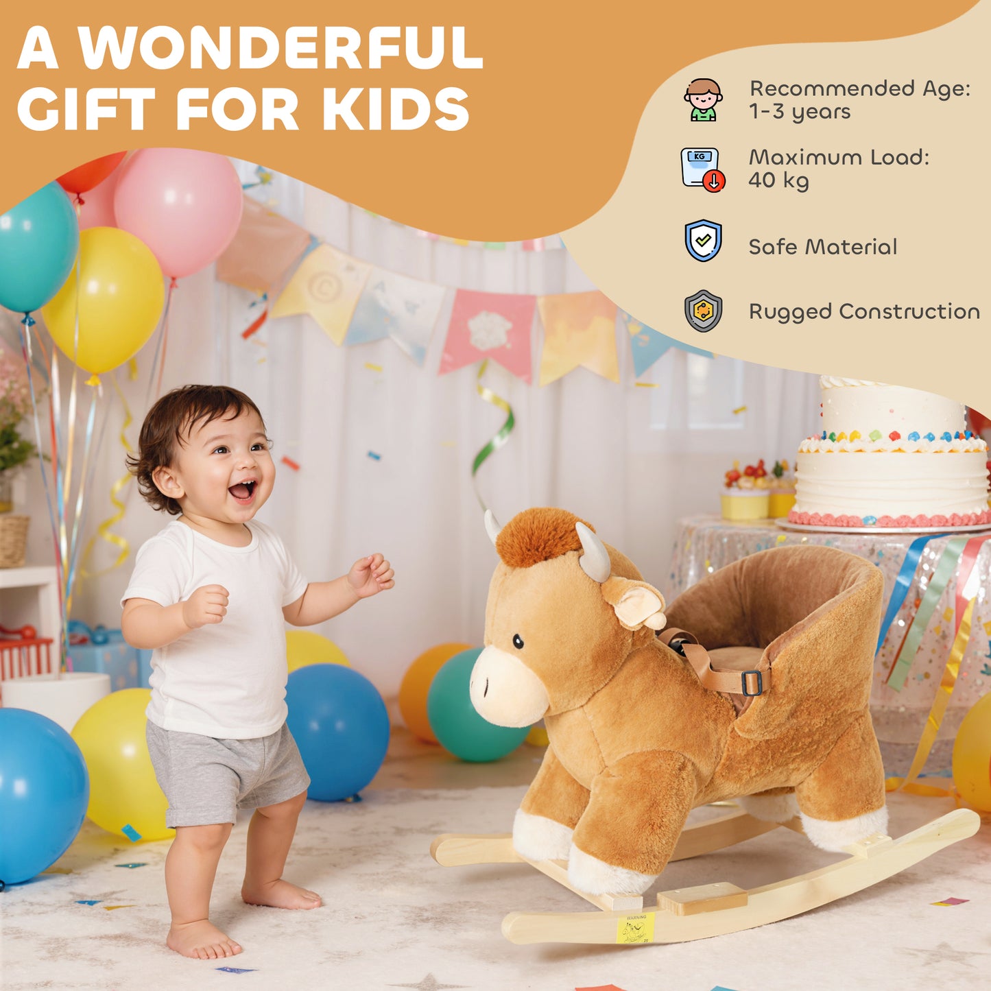 Baby Rocking Horse with Song, Safety Belt, Wood Base for 1-3 Years