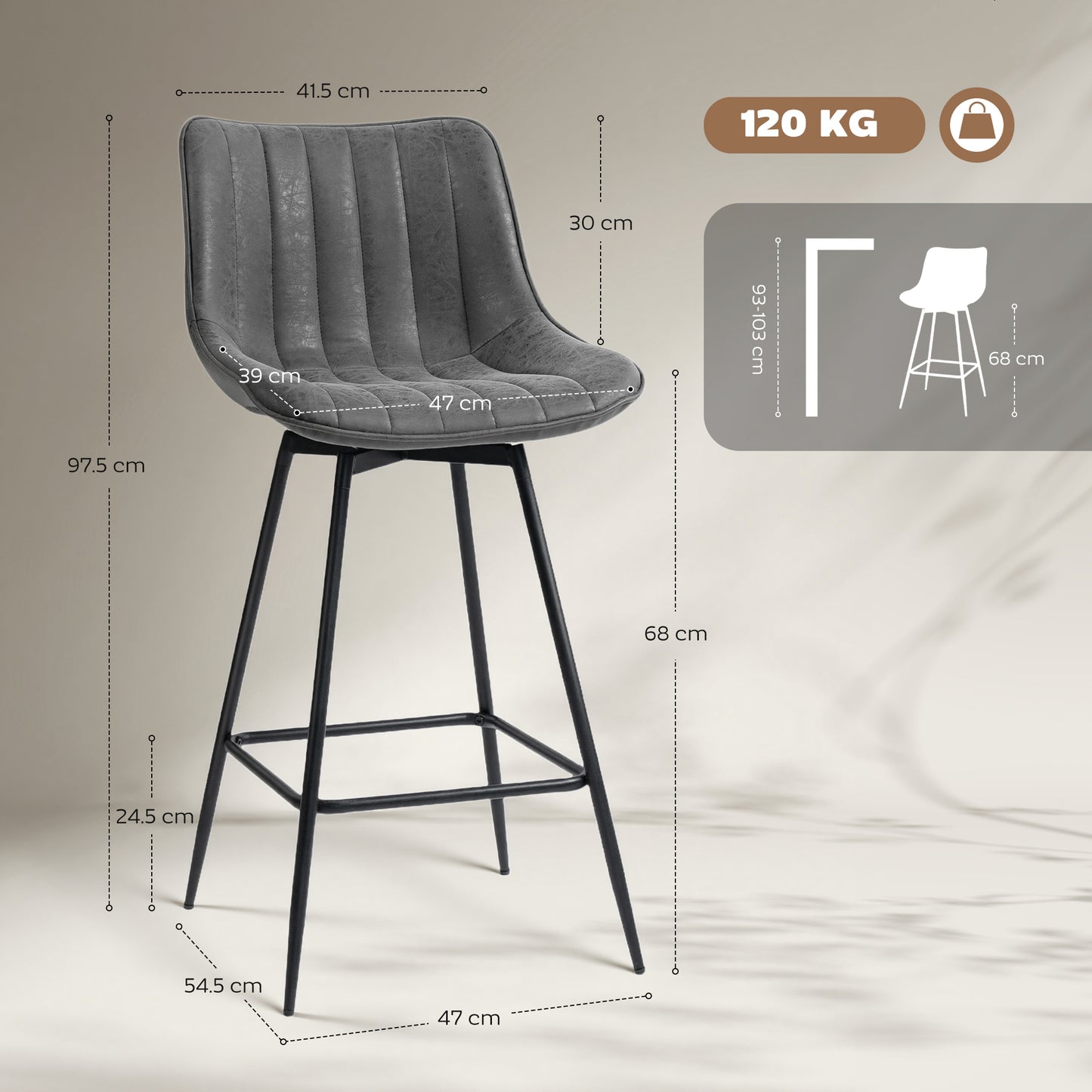 Swivel Bar Stools Set of 2, PU Leather Upholstered Bar Chairs, Grey