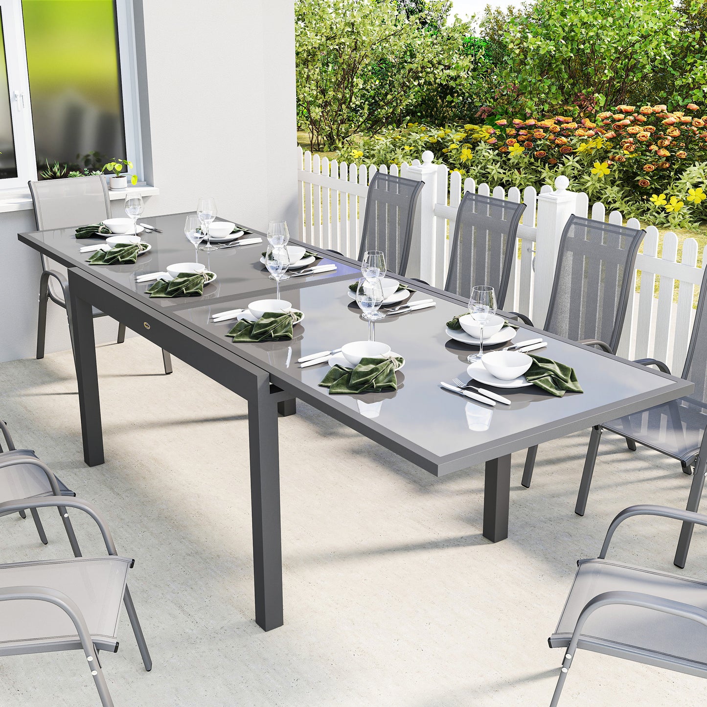 Aluminium Extending Garden Table, Glass Top Dining Table, Grey