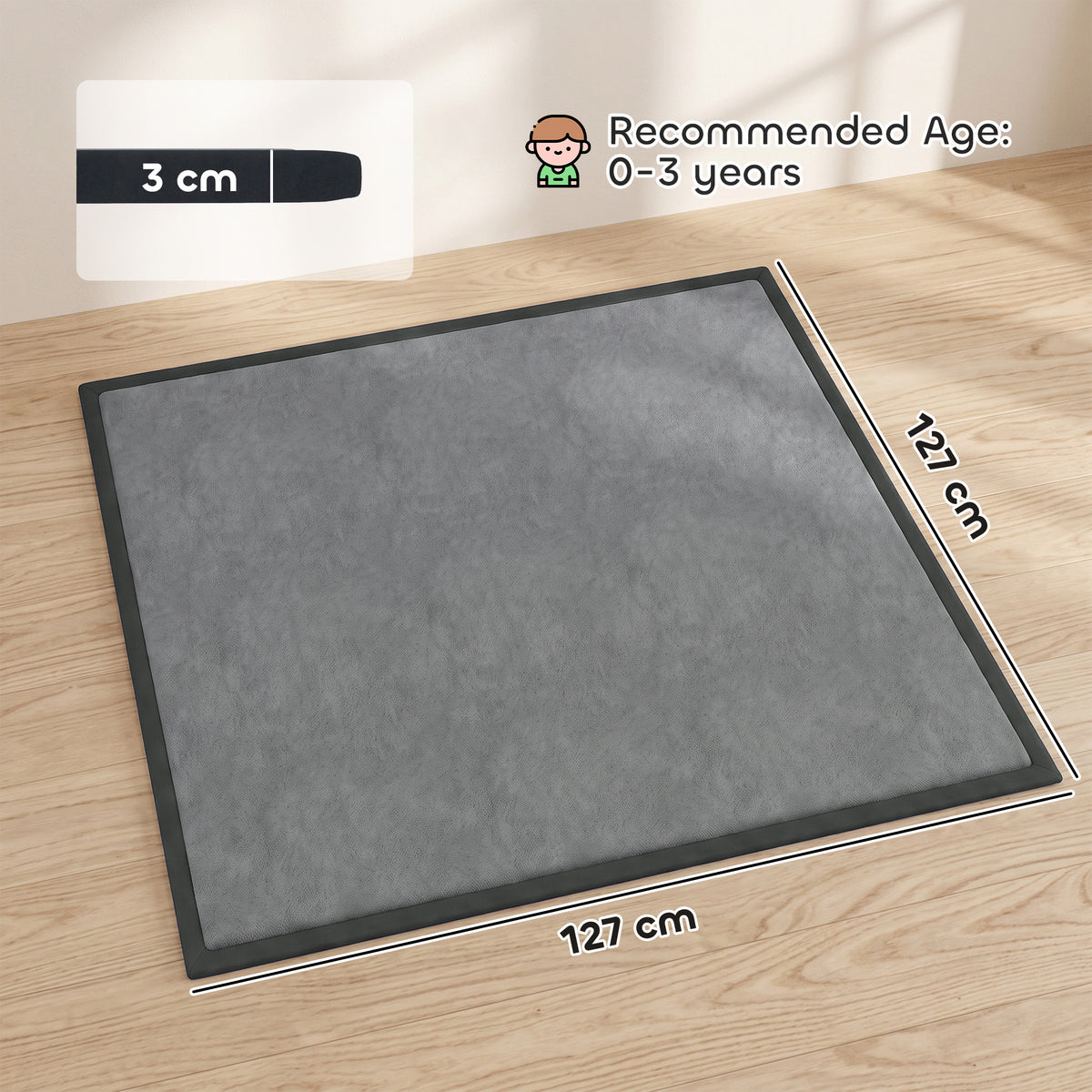 127cm Square Baby Play Mat with 3cm Foam Padding - Dark Grey