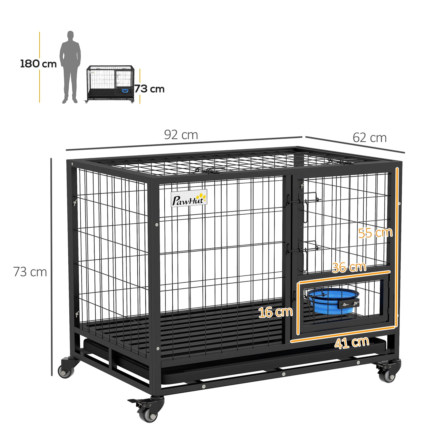 36" Heavy Duty Dog Crate on Wheels w/ Bowl Holder, Removable Tray
